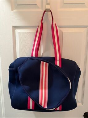 Pickleball Bag - Navy Tote with Pink Stripe Accent